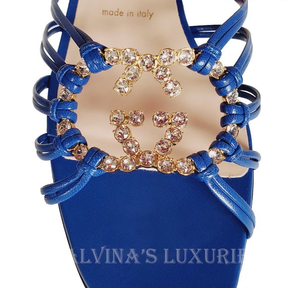 GUCCI SHOES BLUE LEATHER STRAPPY SANDALS CRYSTAL INTERLOCKING LOGO 38 8 US - Picture 11 of 15
